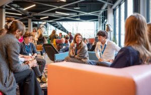 Studenten en onderwijsprofessionals zitten samen in een informele zithoek met kleurrijke banken. Er wordt gelachen en gepraat in een ontspannen sfeer. De ruimte is licht, met grote ramen en moderne inrichting. Op de achtergrond zie je meerdere groepjes in gesprek.